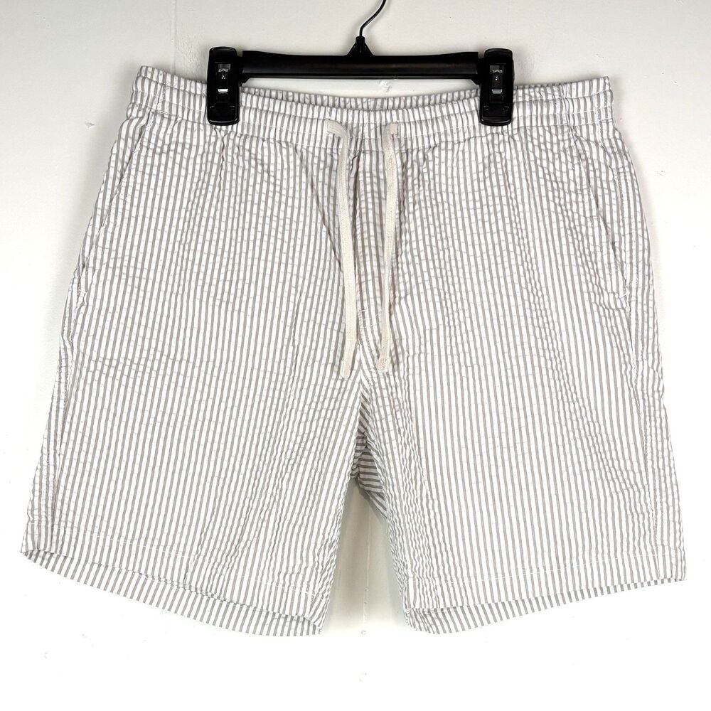 Lands' End Mens Seersucker Striped White Beige  Shorts Preppy Coastal Pull-On SM